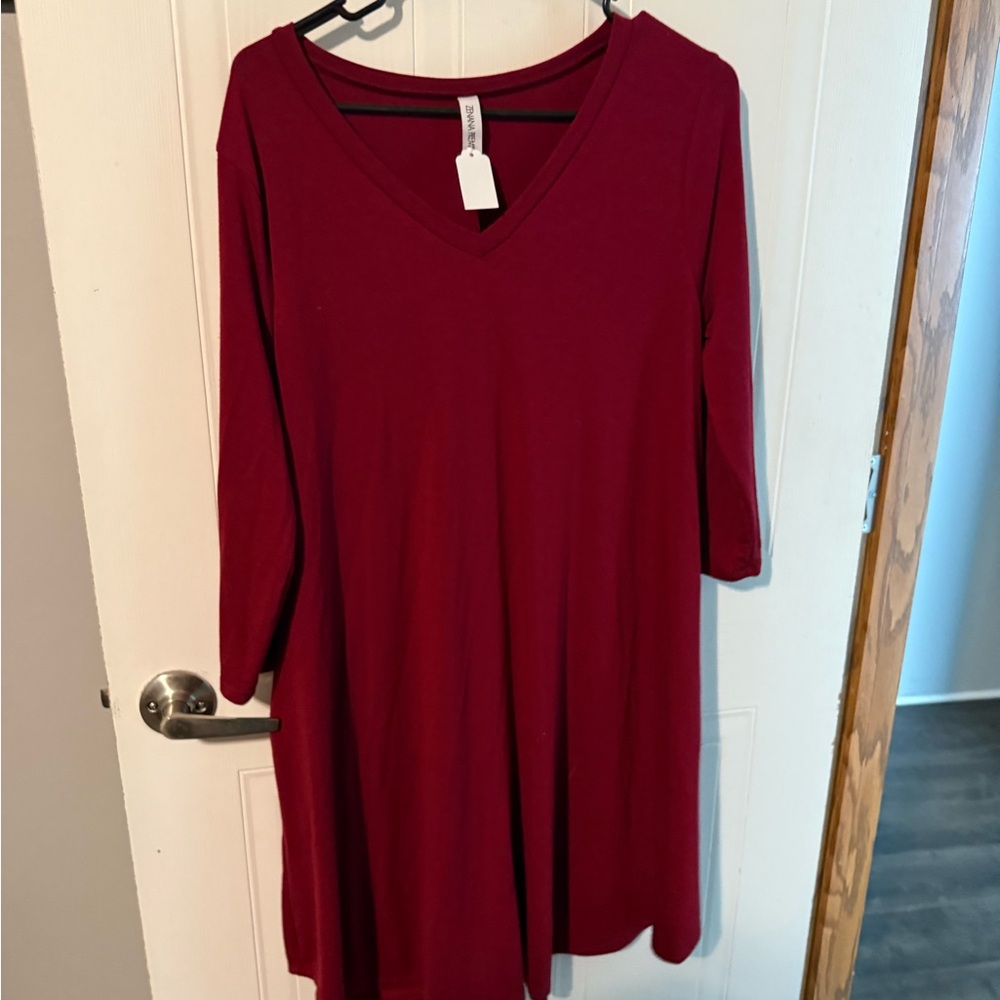Zenana Outfitters Red 3/4 Sleeve Relaxed Tunic Dress